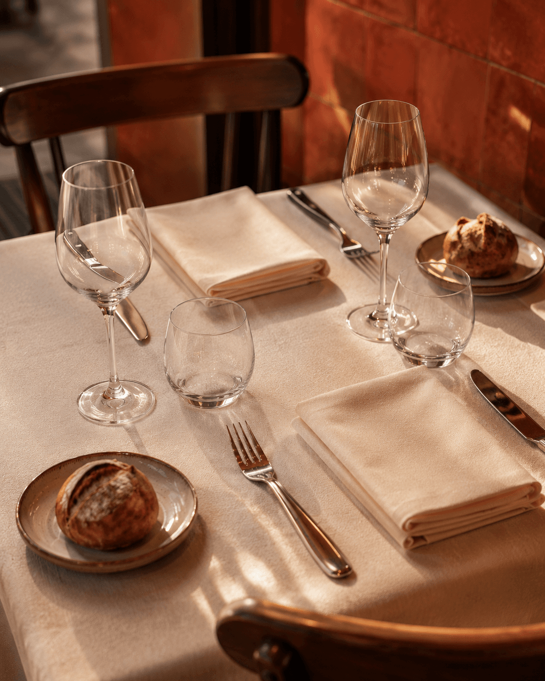 Salle de bistrot français à midi, lumière chaude, table dressée.